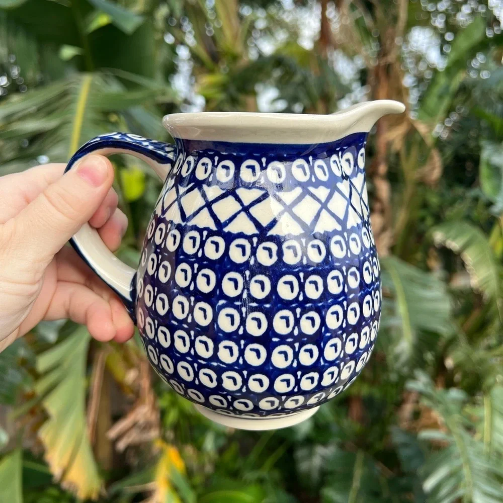 Handmade Polish Pottery Small Serving Pitcher - Bolesławiec, Blue Pattern, 5”